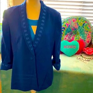 Blue jacket with rose embroidered collar & French cuffs by Diveco